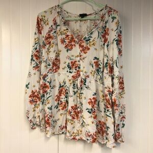 Torrid Floral Print Women's Babydoll Long Sleeve Top White 2X